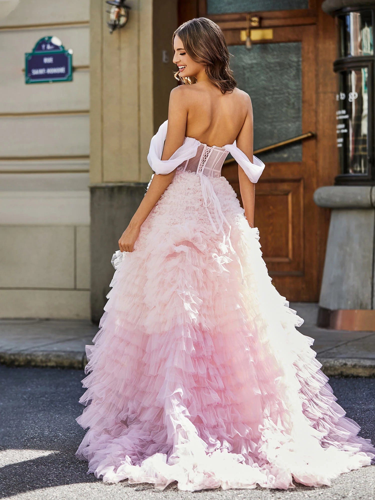 Dreamy A-Line Off-the-Shoulder Short Sleeve Ruffle Tiered Tulle Ball Gown Prom Dress