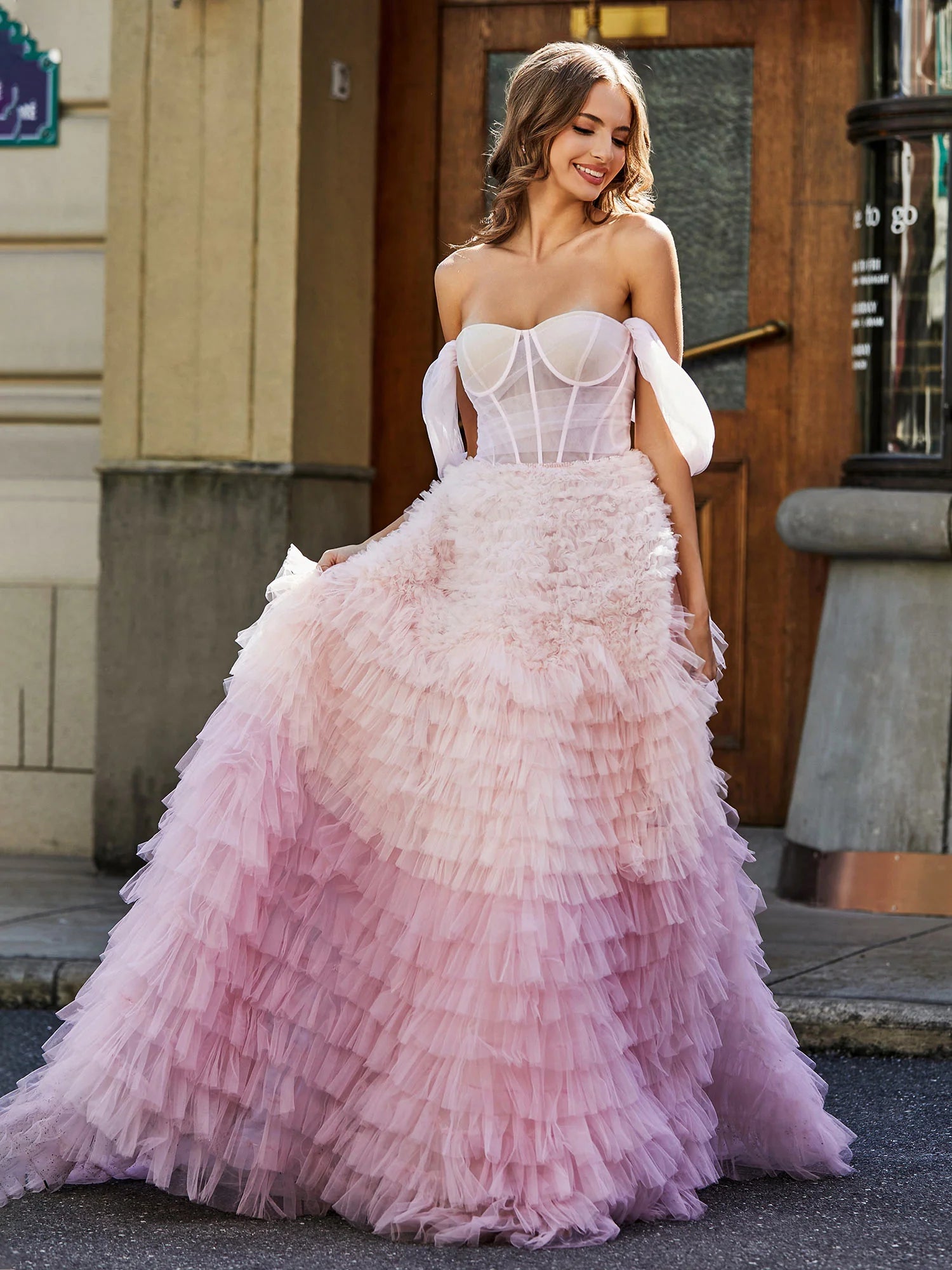 Dreamy A-Line Off-the-Shoulder Short Sleeve Ruffle Tiered Tulle Ball Gown Prom Dress