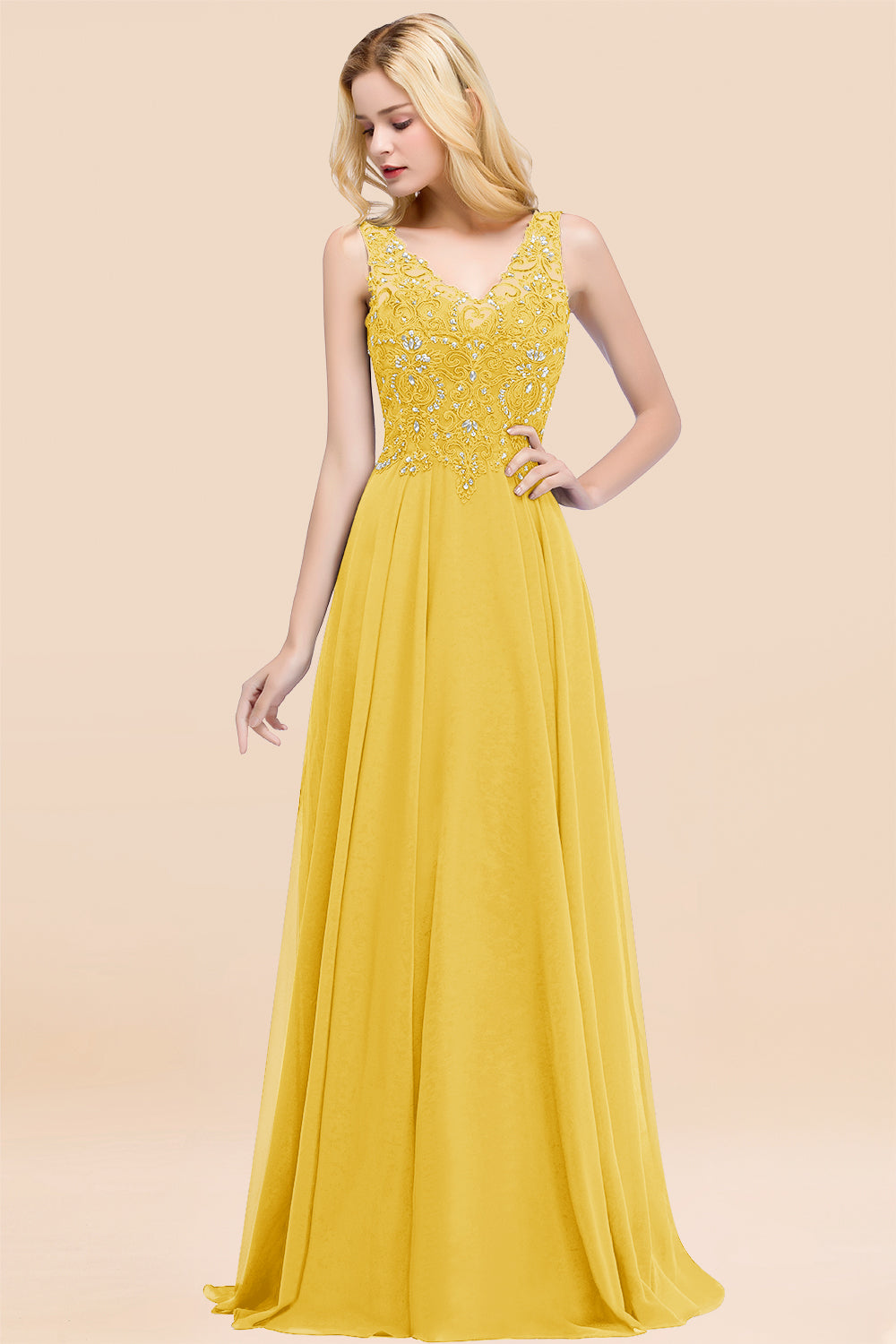 A-line V Neck Sleeveless Chiffon Applique Lace Floor Length Bridesmaid Dresses
