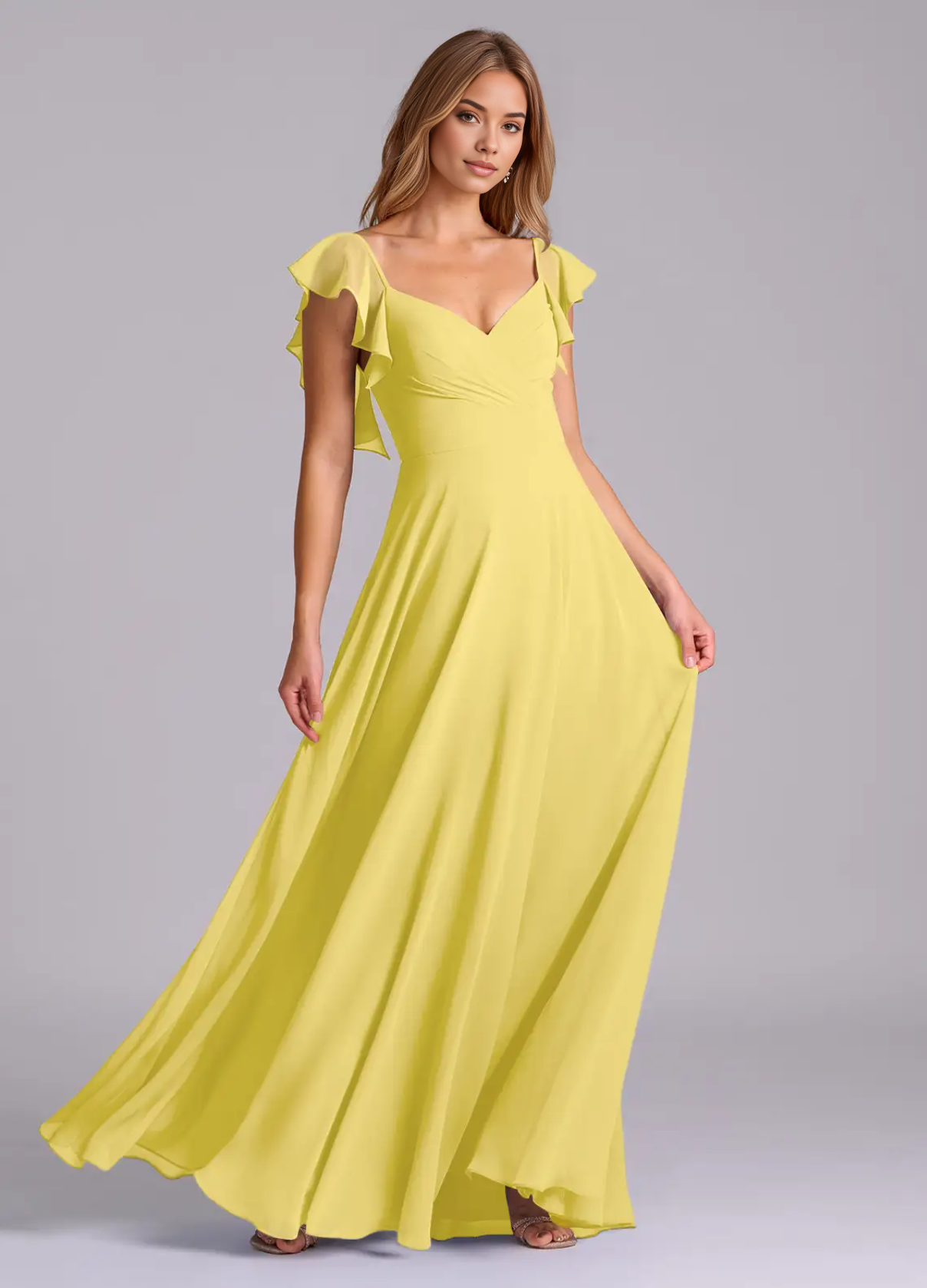 Women's Formal Dress A-Line Sleeveless Deep V-Neck Gown with Pleated Chiffon Bridesmaid Dresses