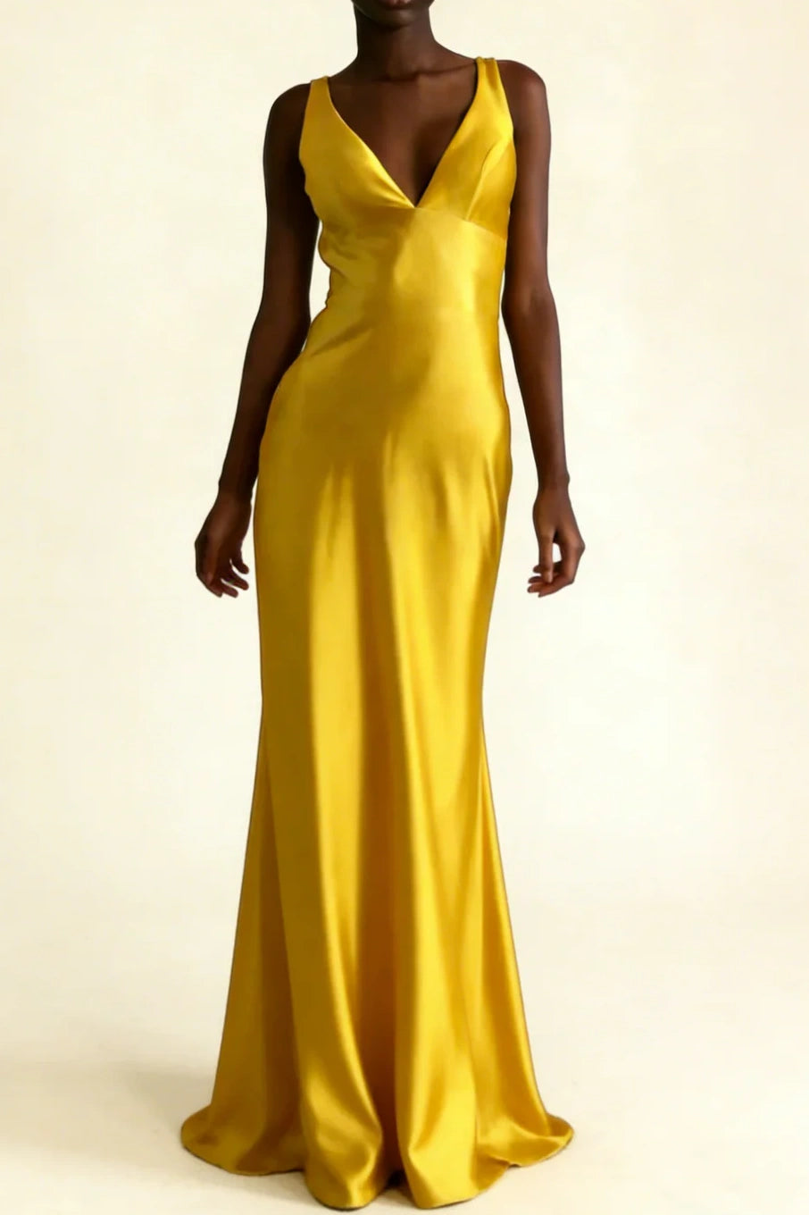 Elegant Satin V Neck Mermaid Bridesmaid Dress with Cowl Back Sweep/Brush Evening Dresses