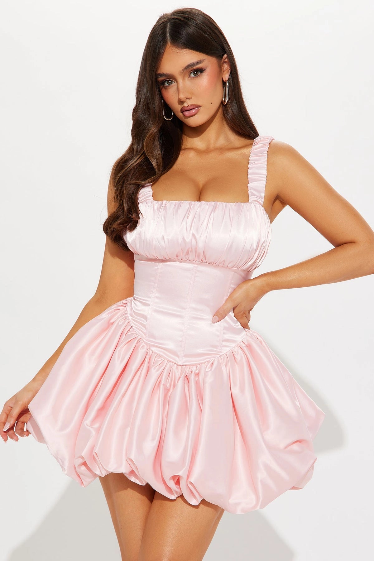 Baby pink glossy satin bubble mini homecoming dress with square ruched bust and ruffle shoulder straps