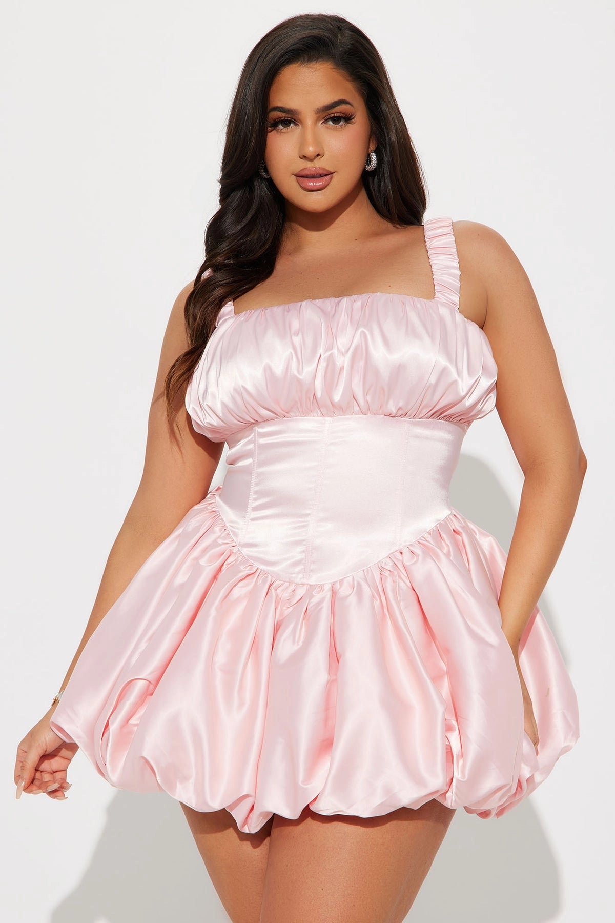 Glossy Bubble Square Ruffle Strap Laceup Back Mini Homecoming Dress