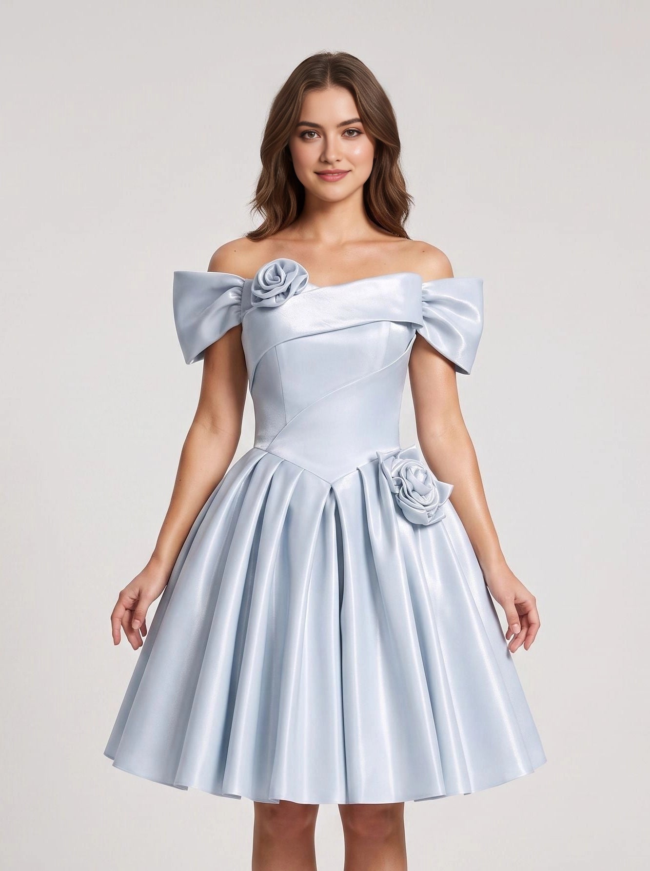 Vedress light blue off shoulder satin a line short homecoming dress with 3d roses front back view