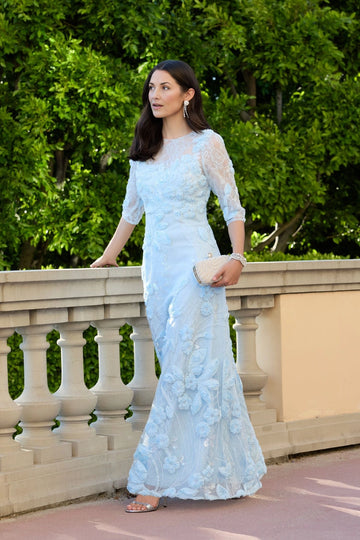 Vedress light blue sheath mother of the bride dress,illusion round neck,3/4 length lace sleeves,3D floral appliques,beaded tulle overlay,floor length skirt.