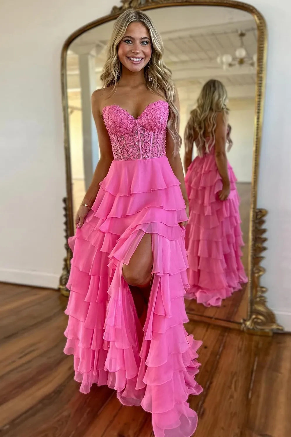 Vestido de Fiesta Largo con Escote Corazón, Encaje y Gasa en Línea A con Abertura, Vestido Maxi sin Tirantes de Encaje y Gasa con Volantes