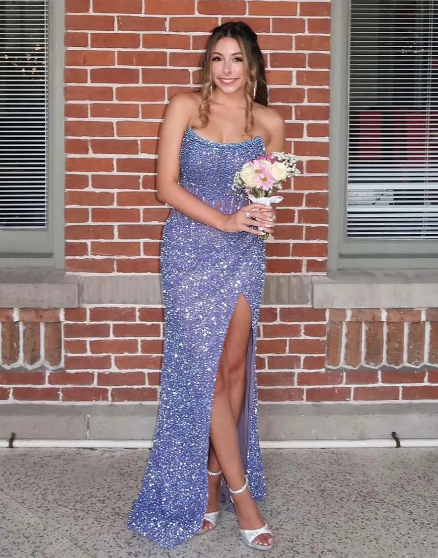 Vestido largo de fiesta sin tirantes con lentejuelas para mujer, corte sirena con malla transparente y abertura alta
