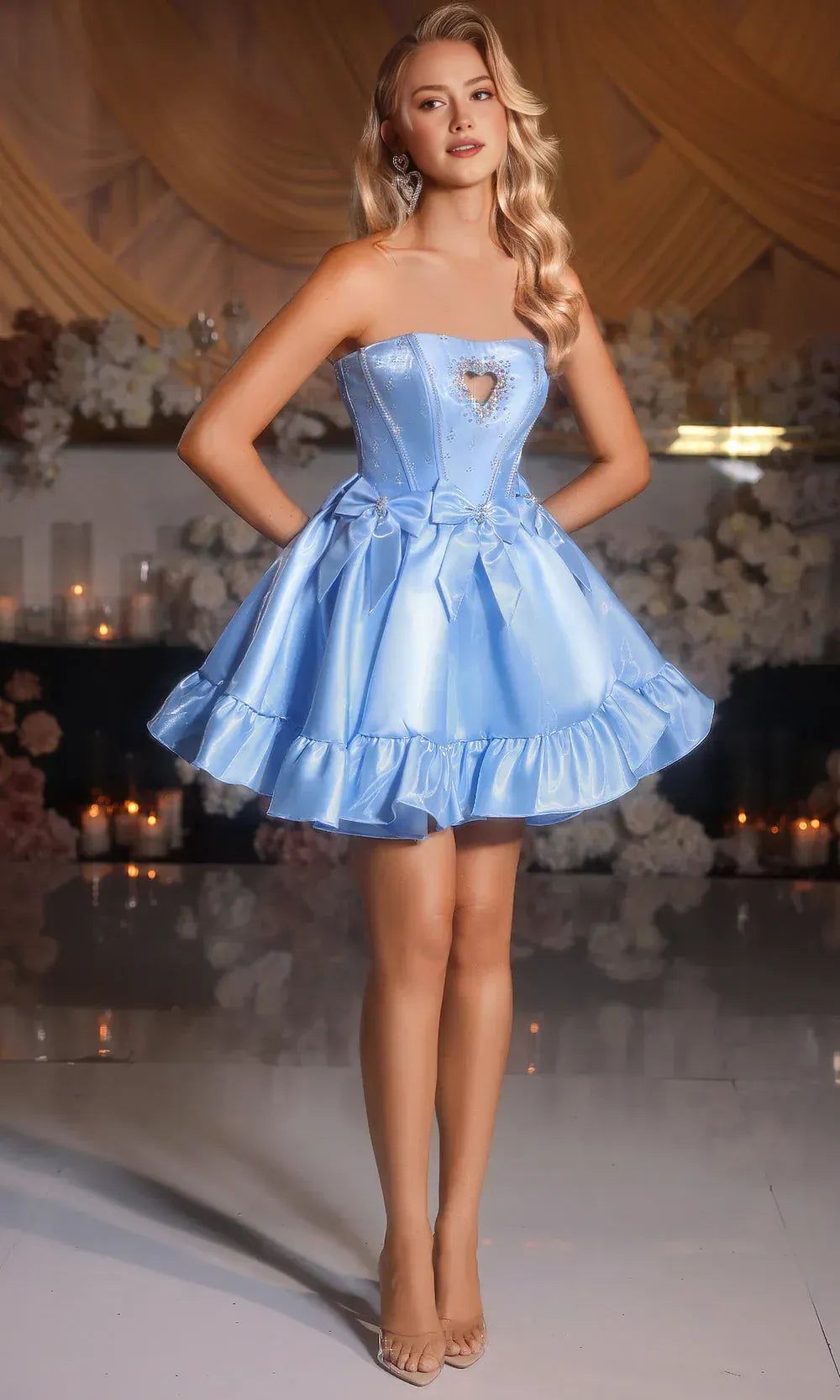 Voluminous A-line Strapless Neck Satin Mini Heart Rhinestone Bow Homecoming Dress