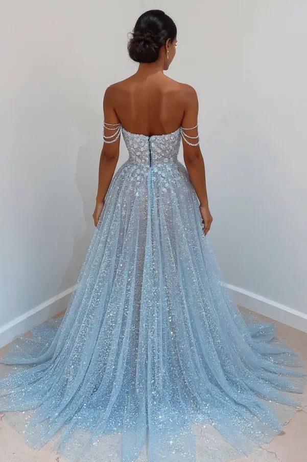 Off-the-Shoulder Sweetheart Neck Glitter Tulle Maxi Gown with Beaded Floral Appliqué Formal Evening Dress