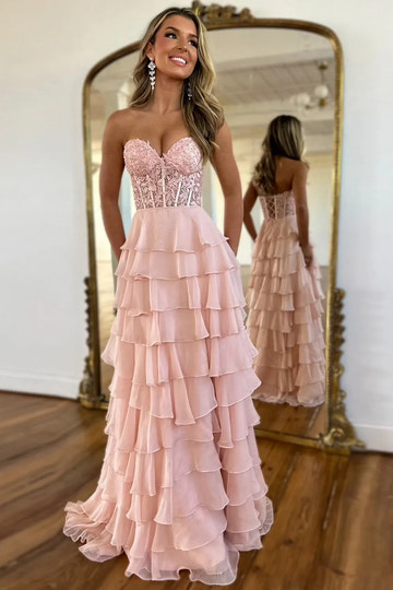 A-Line Sweetheart Long Lace And Chiffon Prom Dress With Slit Strapless Lace & Chiffon Maxi Dress with Ruffled