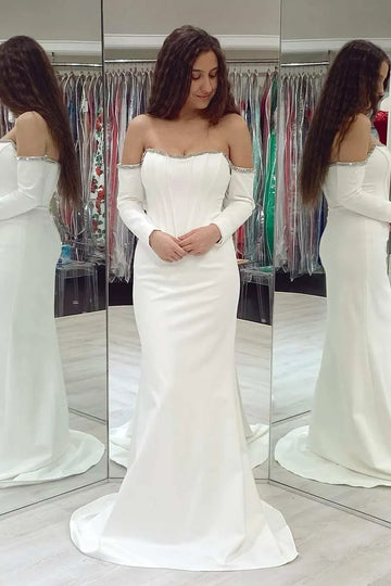 Light Blue Satin Mermaid Sweetheart Off Shoulder Long Sleeve Backless Maxi Prom Gown