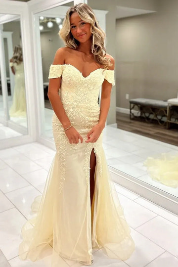 Light Blue Tulle Mermaid Off-The-Shoulder High Slit Prom Gown