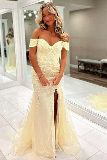 Light Blue Tulle Mermaid Off-The-Shoulder High Slit Prom Gown