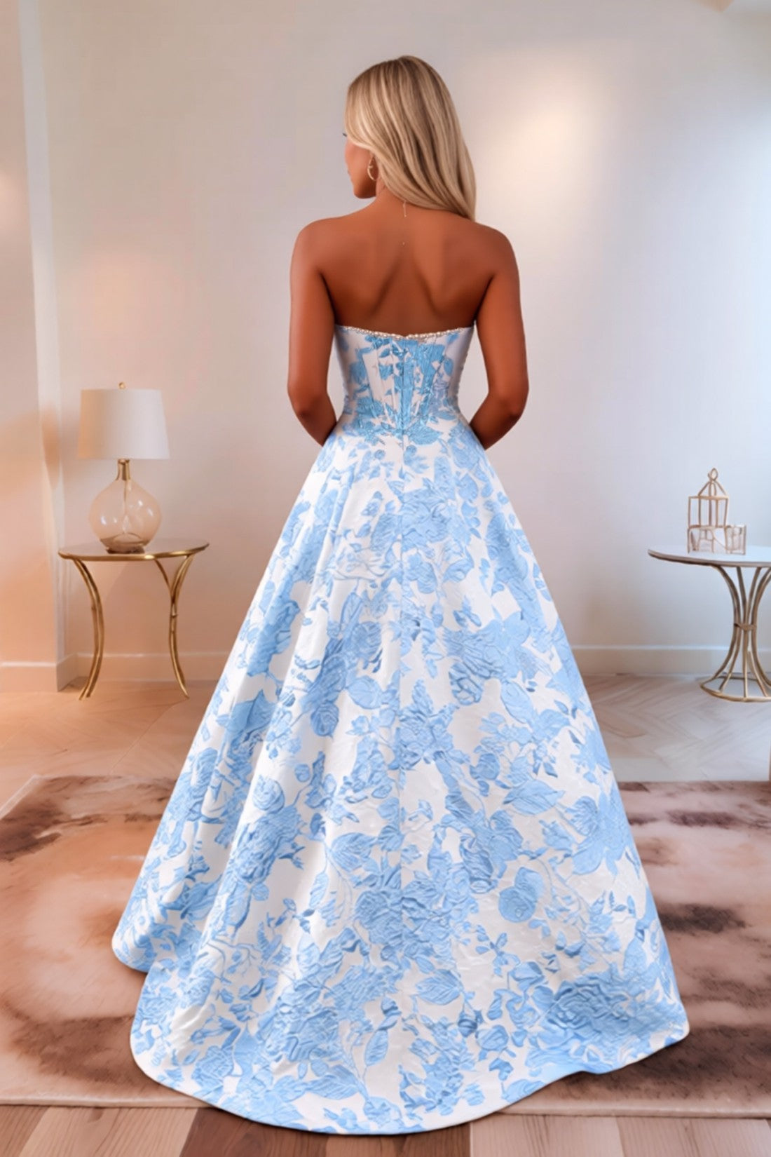 Elegant Sweetheart Neck Jacquard Satin Maxi Dress with Corset Bodice Formal Evening Dress