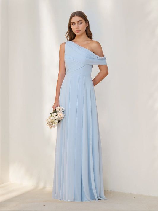 A-Line/Princess One-Shoulder Sleeveless Chiffon Floor-Length Chiffon Bridesmaid Dresses with Watteau Train