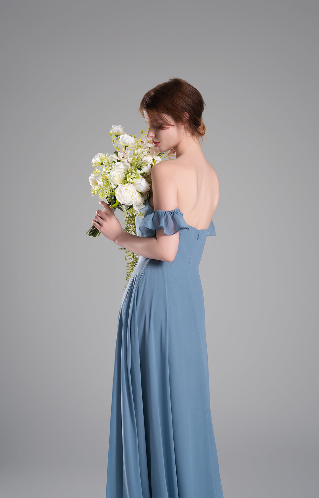 Elegante vestido de dama de honor de gasa con hombros descubiertos, vestido largo formal de noche, mangas con volantes, corpiño entallado, vestidos de fiesta con corte en A