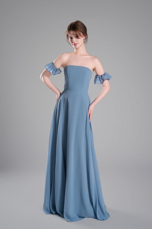 Elegant Off-the-Shoulder Chiffon Bridesmaid Dress Long Formal Evening Gown Ruffle Sleeves Figure Bodice A-line Prom Dresses