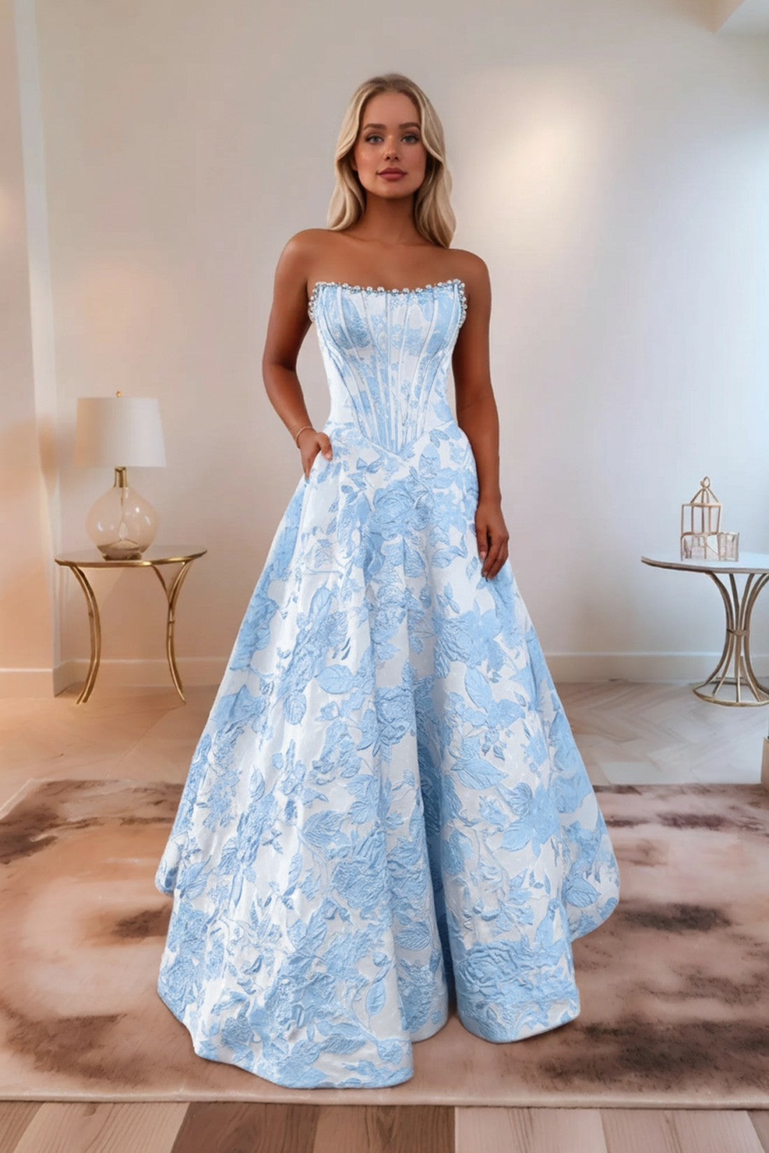 Elegant Sweetheart Neck Jacquard Satin Maxi Dress with Corset Bodice Formal Evening Dress