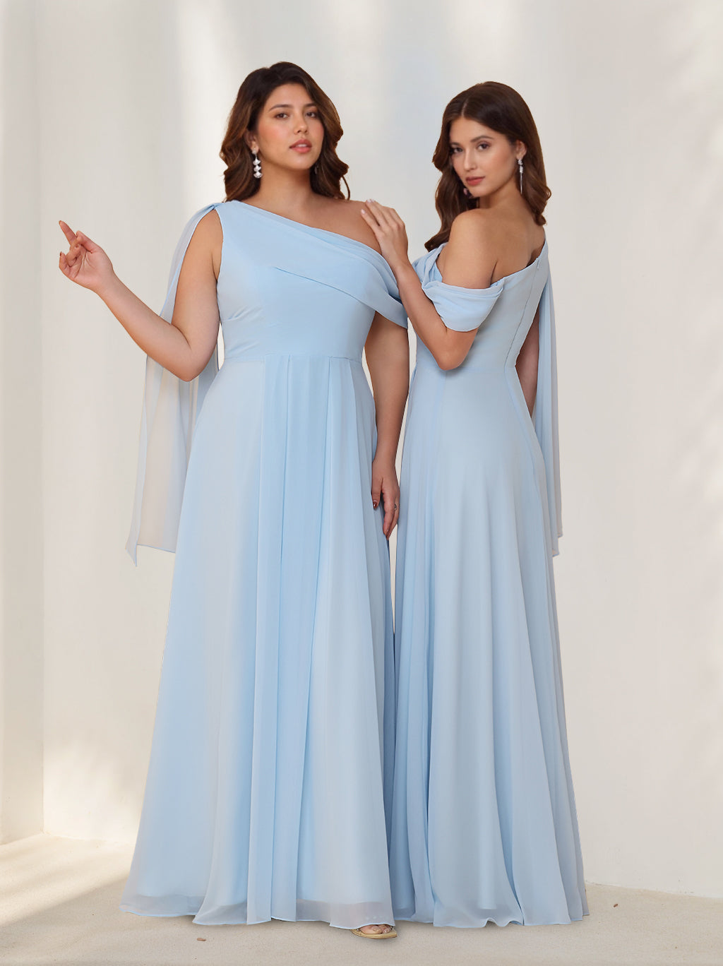 A-Line/Princess One-Shoulder Sleeveless Chiffon Floor-Length Chiffon Bridesmaid Dresses with Watteau Train