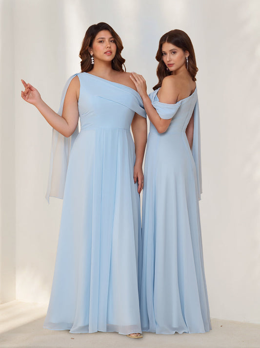 A-Line/Princess One-Shoulder Sleeveless Chiffon Floor-Length Chiffon Bridesmaid Dresses with Watteau Train