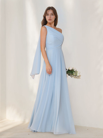 A-Line/Princess One-Shoulder Sleeveless Chiffon Floor-Length Chiffon Bridesmaid Dresses with Watteau Train