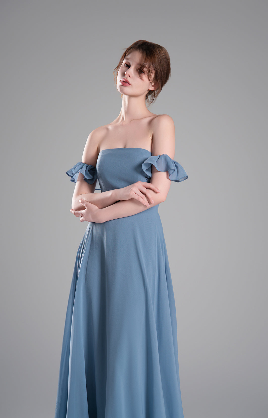 Elegante vestido de dama de honor de gasa con hombros descubiertos, vestido largo formal de noche, mangas con volantes, corpiño entallado, vestidos de fiesta con corte en A