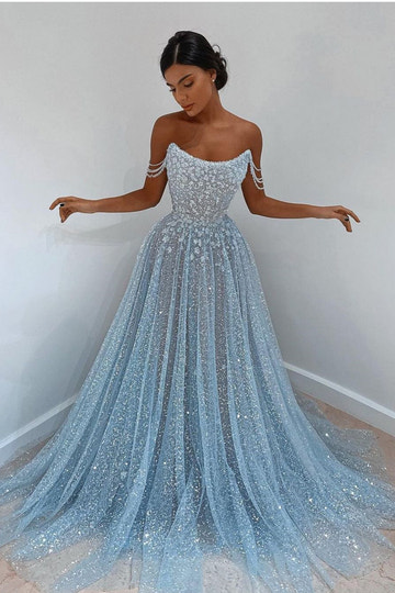 Off-the-Shoulder Sweetheart Neck Glitter Tulle Maxi Gown with Beaded Floral Appliqué Formal Evening Dress