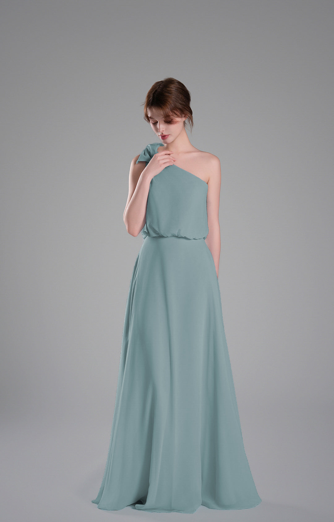 One-Shoulder Chiffon Bridesmaid Dress Flowy Floor-Length Evening Gown Bow Detail Flowing A-Line Dresses