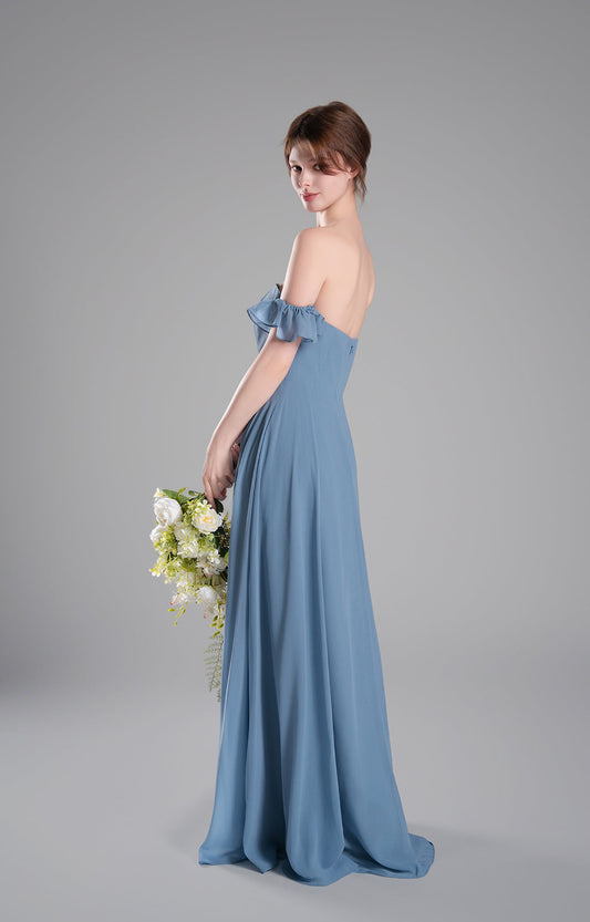 Elegant Off-the-Shoulder Chiffon Bridesmaid Dress Long Formal Evening Gown Ruffle Sleeves Figure Bodice A-line Prom Dresses