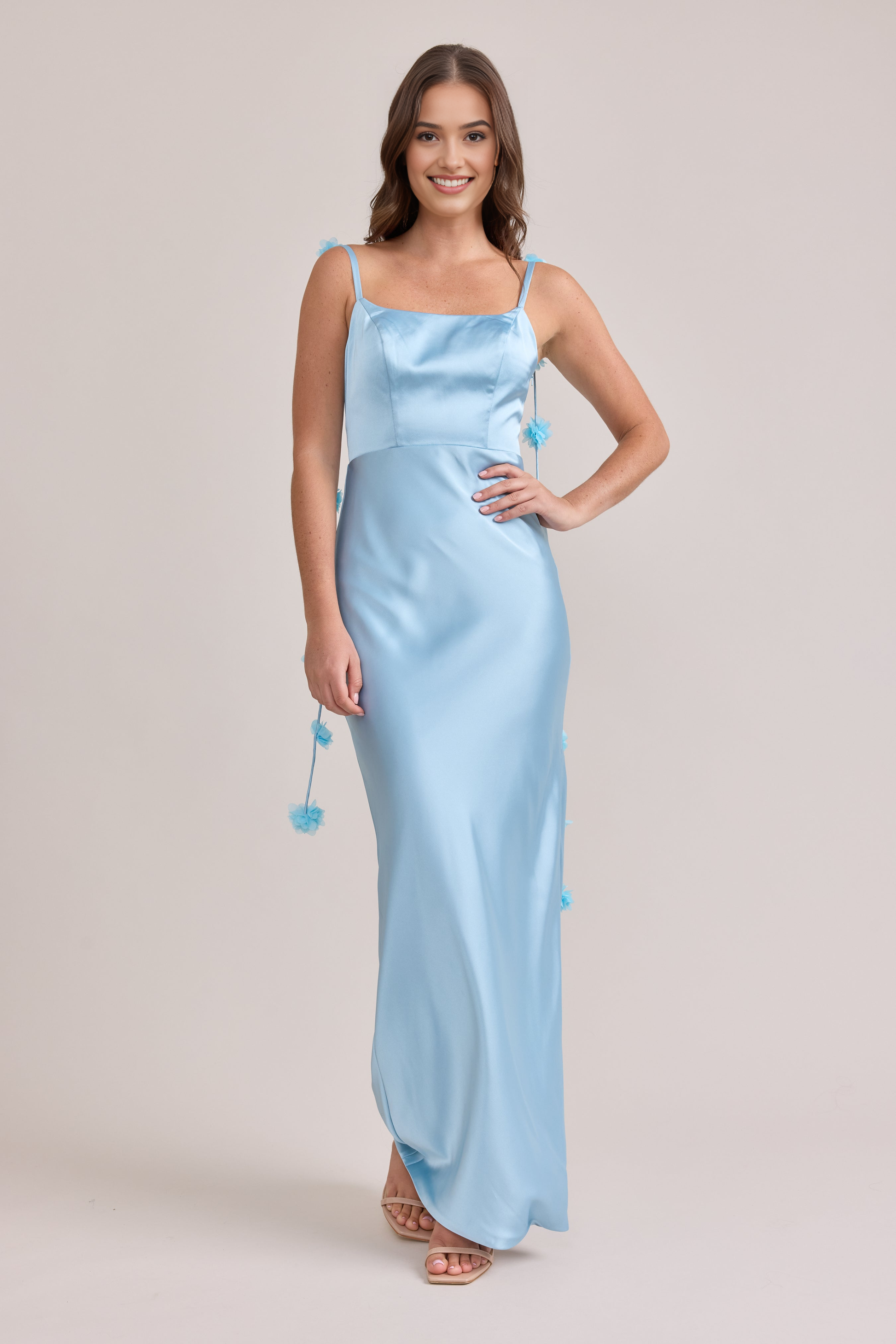 Elegant Bodycon Spaghetti Strap High-Slit Bridesmaid Dress Satin Party Wedding Guest Maxi Dress
