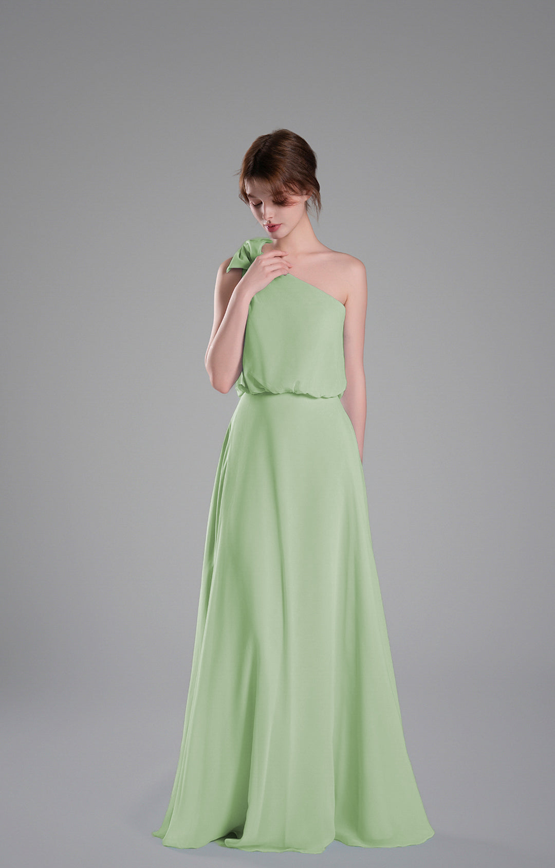 One-Shoulder Chiffon Bridesmaid Dress Flowy Floor-Length Evening Gown Bow Detail Flowing A-Line Dresses