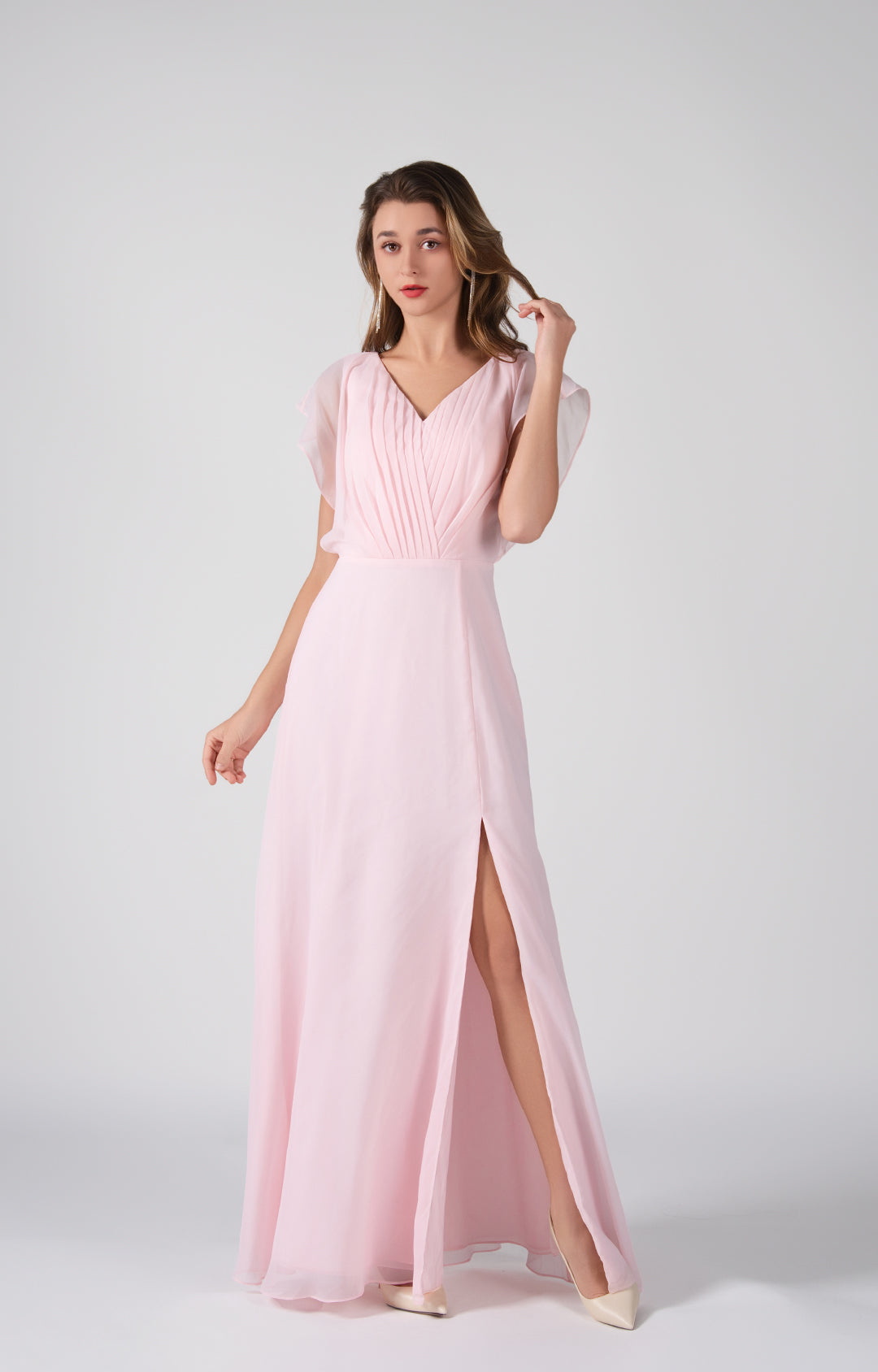 Elegant Chiffon Bridesmaid Dress Open Back Flutter Sleeves Pleats A-Line Maxi Dress with Side Slit