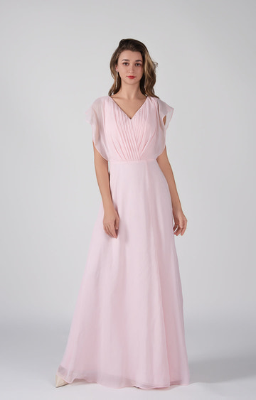 Elegant Chiffon Bridesmaid Dress Open Back Flutter Sleeves Pleats A-Line Maxi Dress with Side Slit