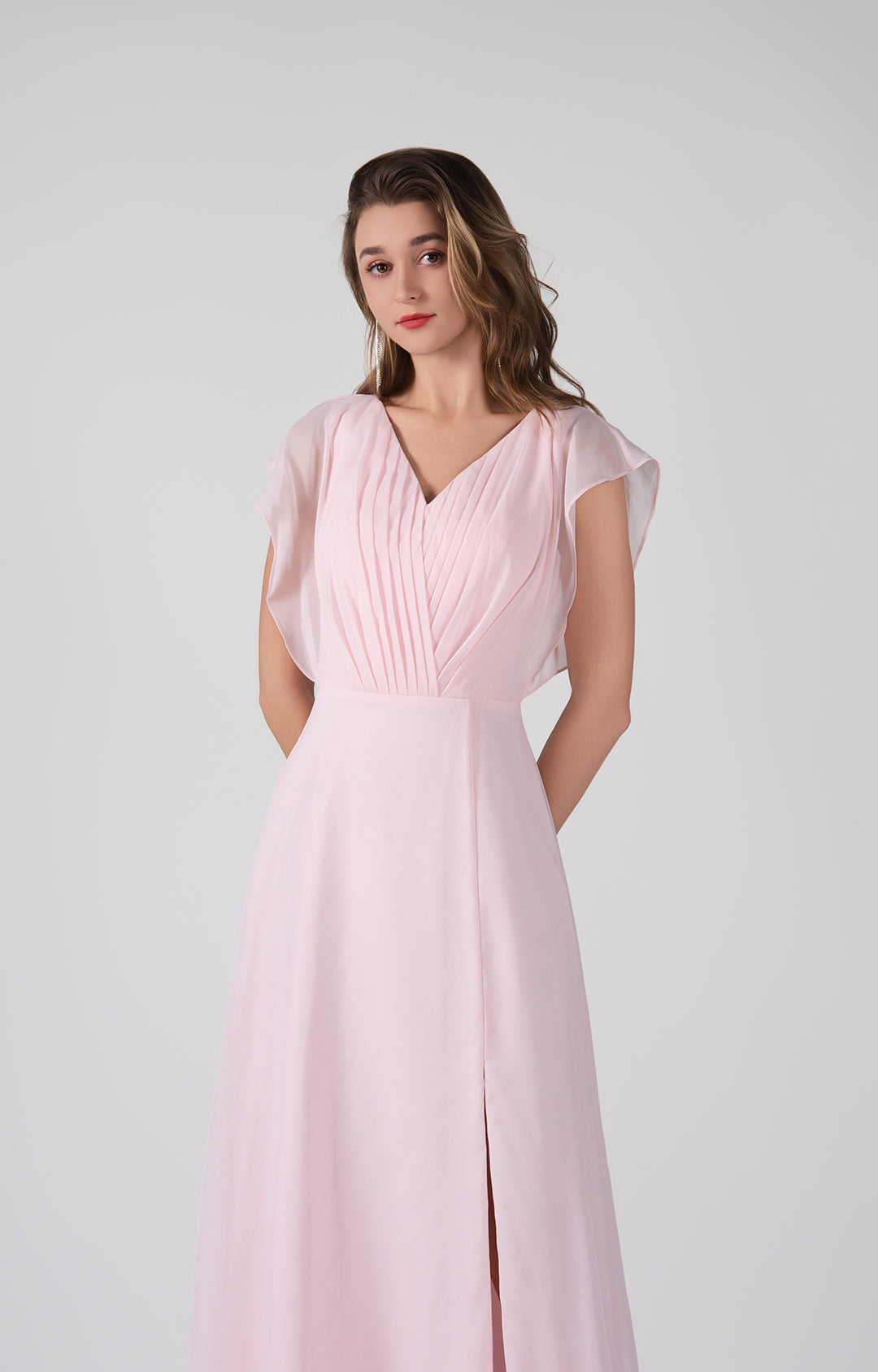 Elegant Chiffon Bridesmaid Dress Open Back Flutter Sleeves Pleats A-Line Maxi Dress with Side Slit