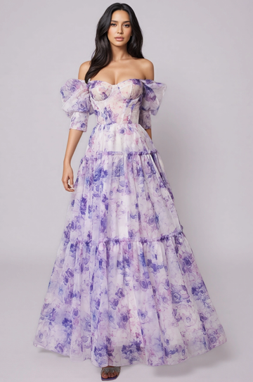 Off Shoulder Puff Sleeve Floral Print Maxi Dress Tiered Ruffle Organza Gown Formal Prom Dresses