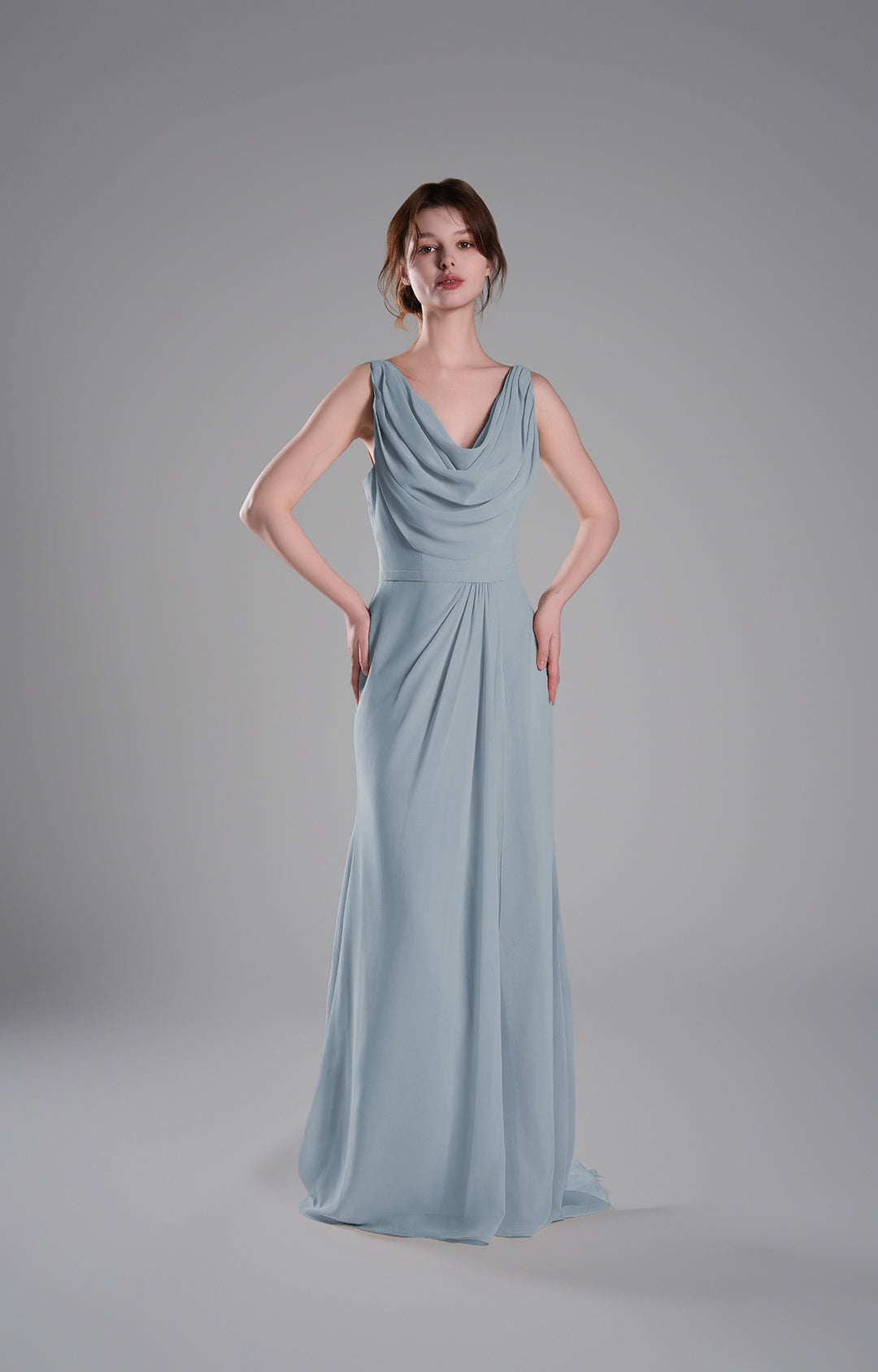 Elegant Chiffon Cowl Neck Bridesmaid Dress Sleeveless Fitted Bodice Floor Length Formal Gown