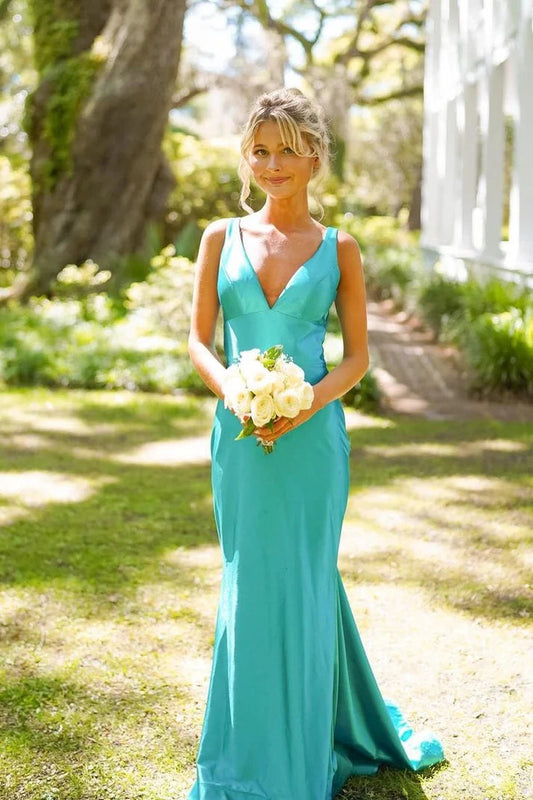 Elegant Satin V Neck Mermaid Bridesmaid Dress with Cowl Back Sweep/Brush Evening Dresses