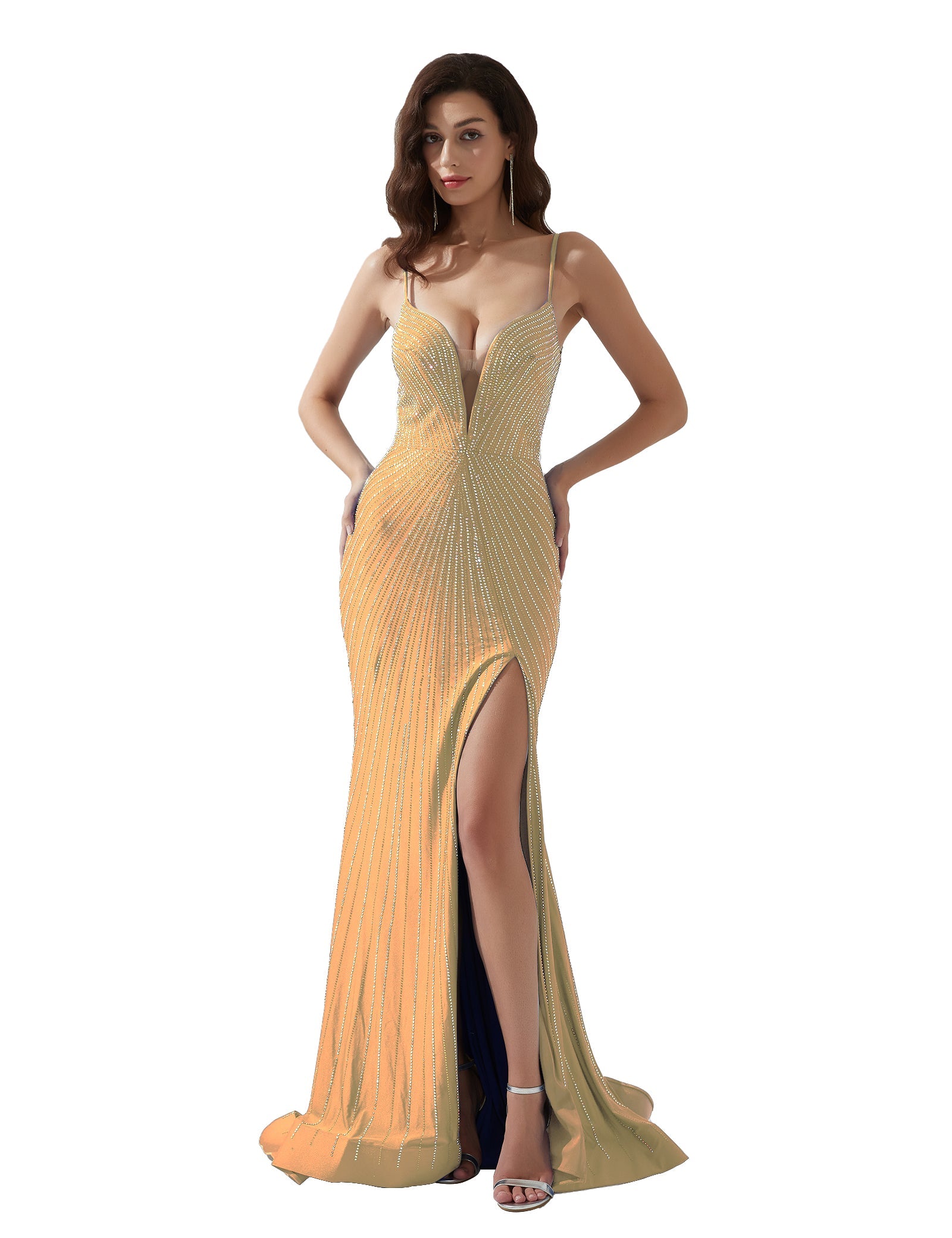 V-Neck Sparkling Sequin Spaghetti Strap Mermaid Formal Evening Gown Sweep/Brush with High Slit