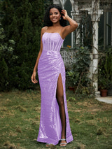 Prom Dresses Sequin Spaghetti Strap Formal Gown Corset Bodice High Slit Mermaid Maxi Dress