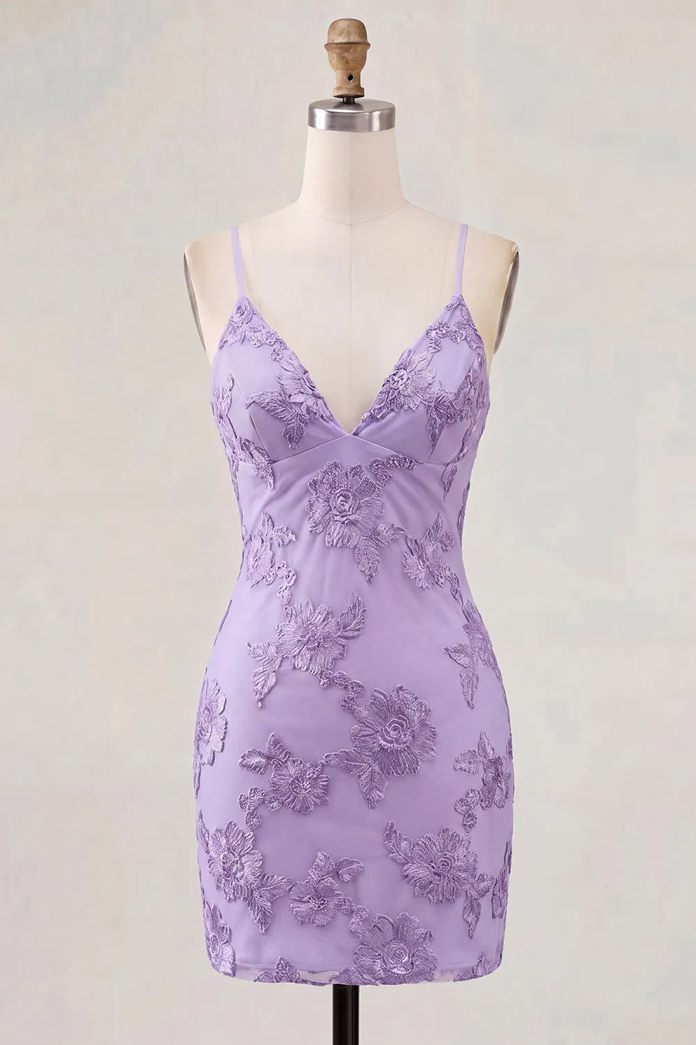 Floral Embroidered Lace Spaghetti Strap V-Neck Crisscross Lace-Up Back Bodycon Mini Homecoming Dress