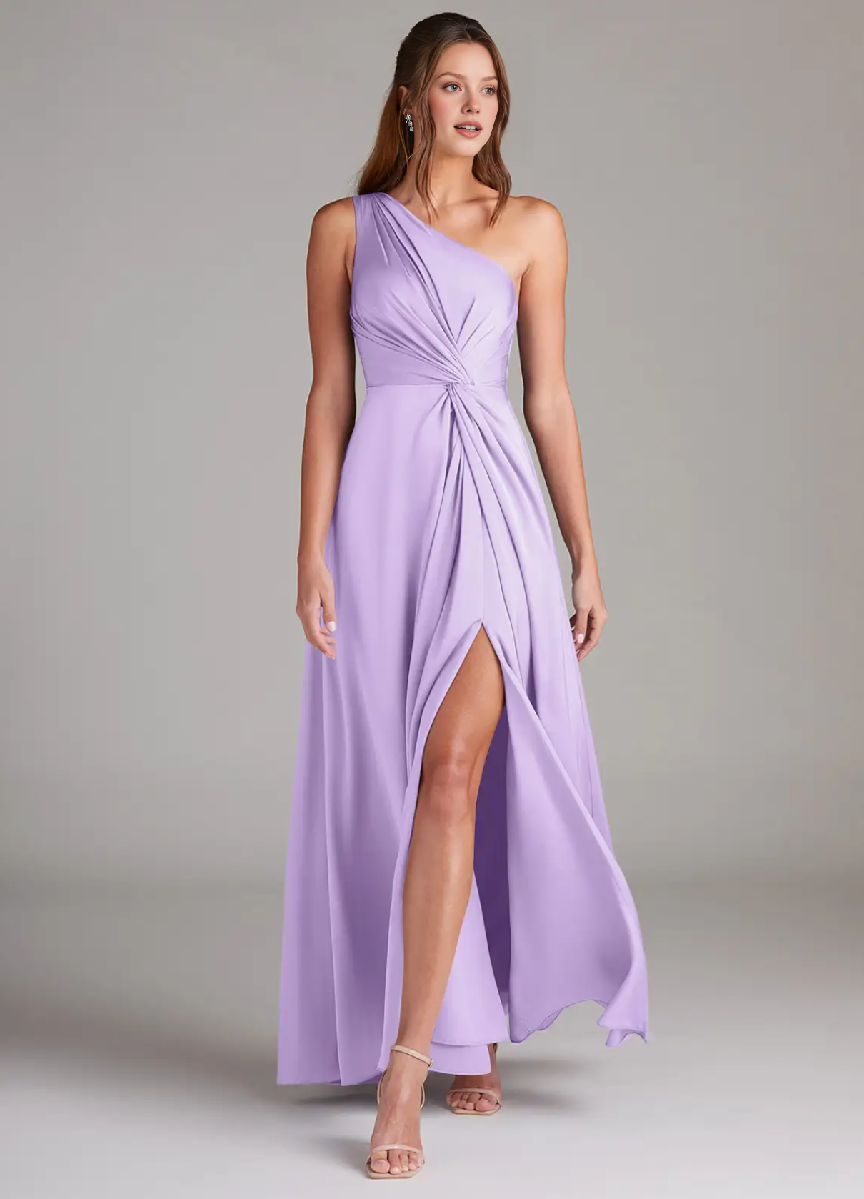 Elegant One-Shoulder Satin Evening Gown Party Wedding Guest Dresses with High Slit and Draped Waist Detail