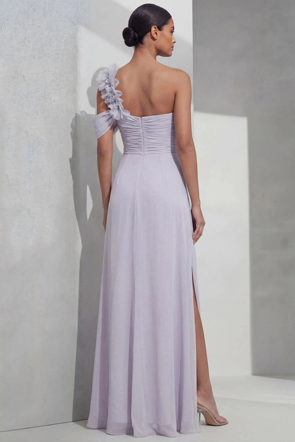 Lilac Mermaid One Shoulder Ruffle Straight Open Back Slit Maxi Bridesmaid Gown Vedress