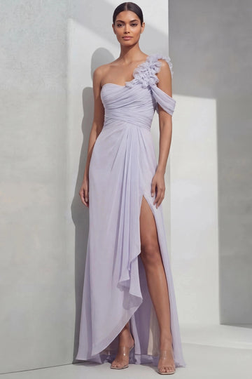 Lilac Mermaid One Shoulder Ruffle Straight Open Back Slit Maxi Bridesmaid Gown Vedress