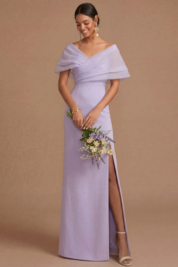Lilac Sheath Off Shoulder V Sleeve Deep Back Slit Maxi Bridesmaid Gown Vedress