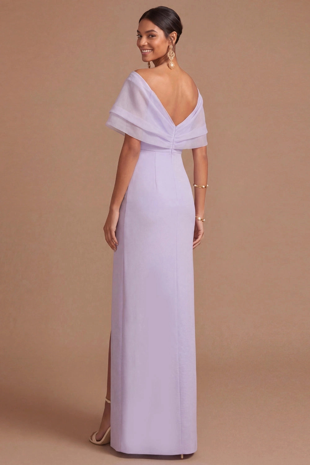 Lilac Sheath Off Shoulder V Sleeve Deep Back Slit Maxi Bridesmaid Gown Vedress