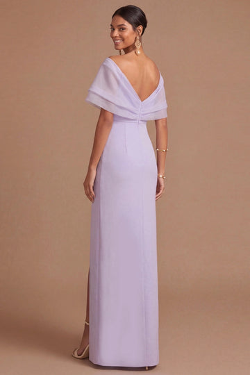 Lilac Sheath Off Shoulder V Sleeve Deep Back Slit Maxi Bridesmaid Gown Vedress