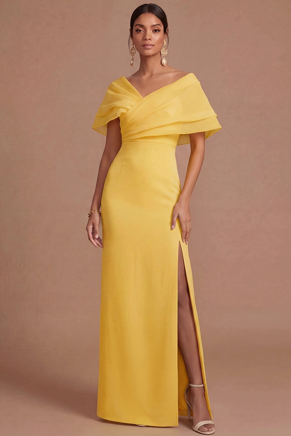 Lilac Sheath Off Shoulder V Sleeve Deep Back Slit Maxi Bridesmaid Gown Vedress