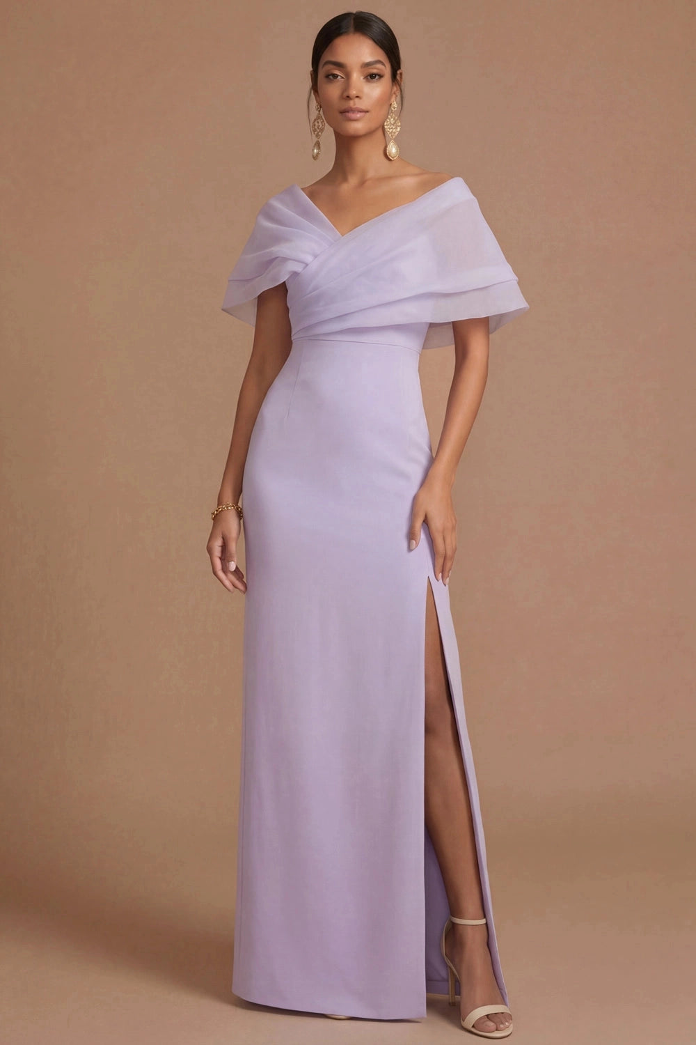 Lilac Sheath Off Shoulder V Sleeve Deep Back Slit Maxi Bridesmaid Gown Vedress