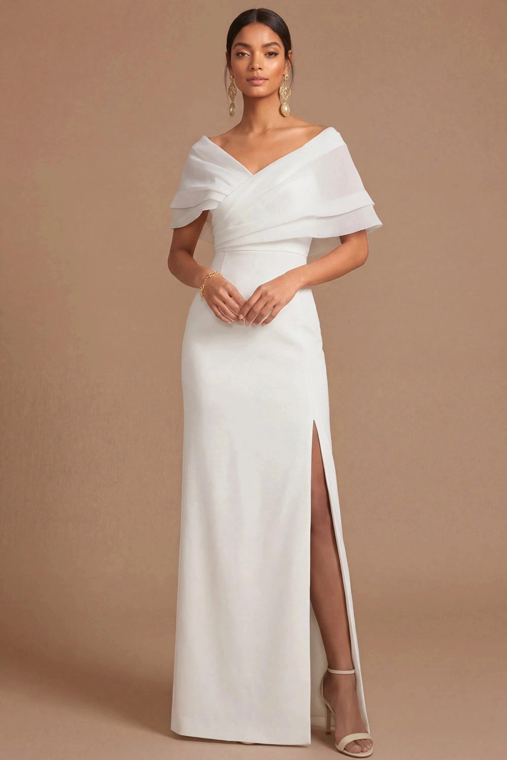 Lilac Sheath Off Shoulder V Sleeve Deep Back Slit Maxi Bridesmaid Gown Vedress