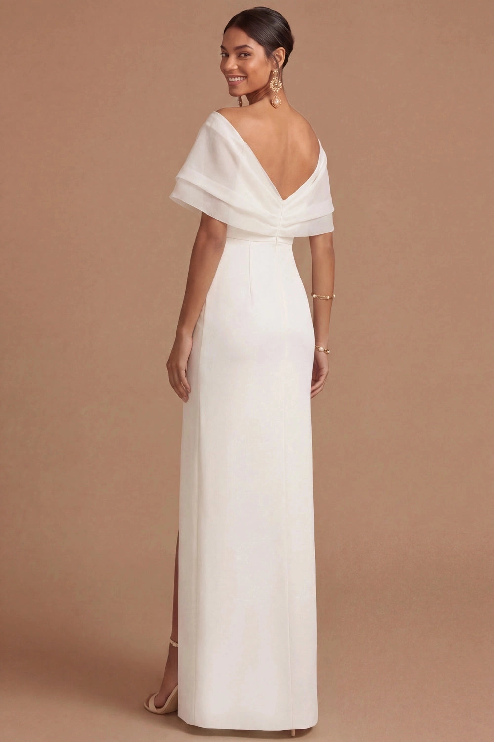 Lilac Sheath Off Shoulder V Sleeve Deep Back Slit Maxi Bridesmaid Gown Vedress